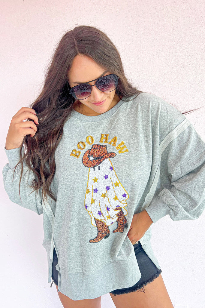 Grey Sequins Boo-Haw Pullover