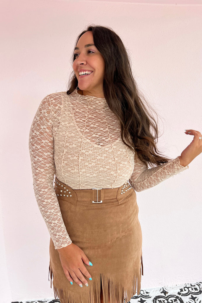 Lucis Long Sleeve Lace Top- Nude