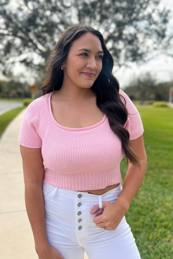 The Serenity Cropped Sweater Top- Pink
