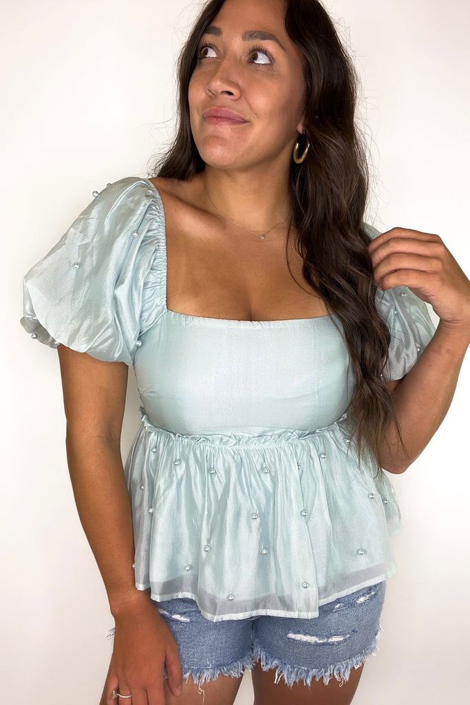 Perfectly Pearled Babydoll Top- Blue