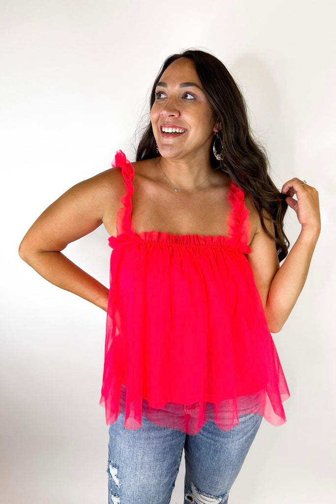 Tell it All Tulle Tank- Bright Rose