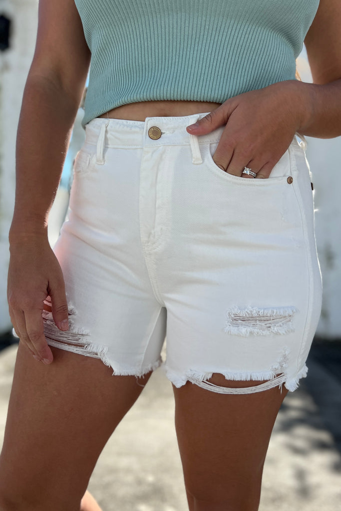 Emma White Stretchy Denim Shorts