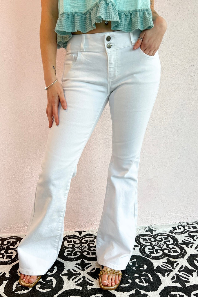 Catie Mid Rise Flare White Jean