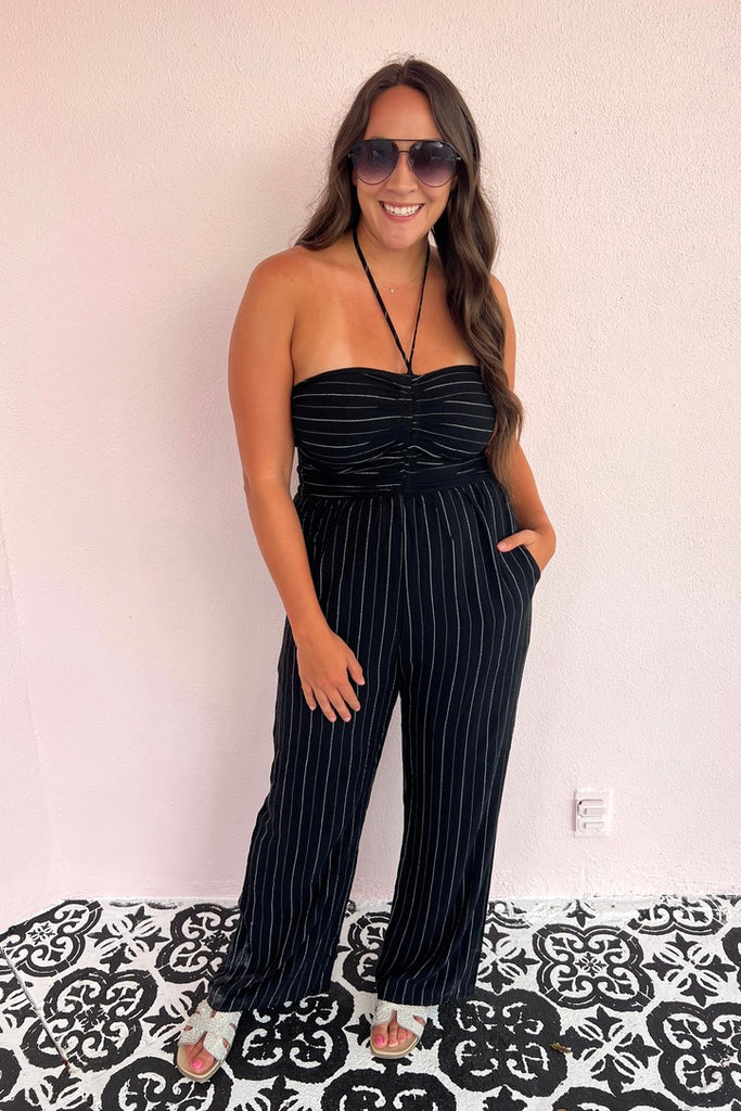 Steppin Out Tonight Striped Jumpsuit- Black