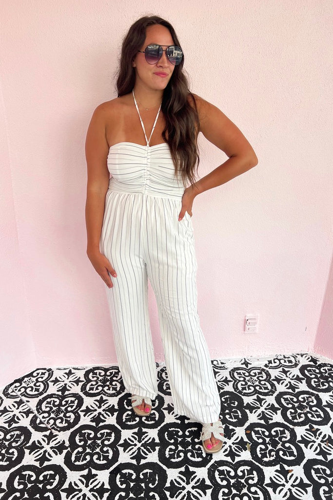 Steppin Out Tonight Striped Jumpsuit- White