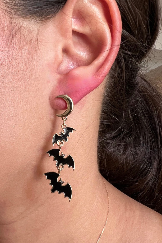 Moon + Bat Black Dangle Earrings