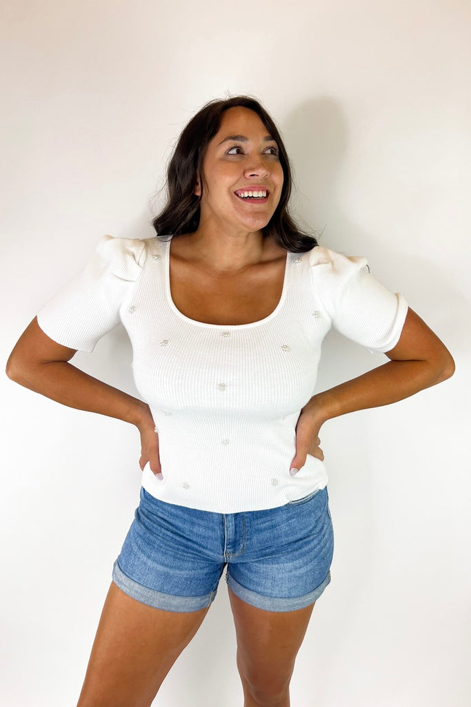 Pearly Dreams White Ribbed Top