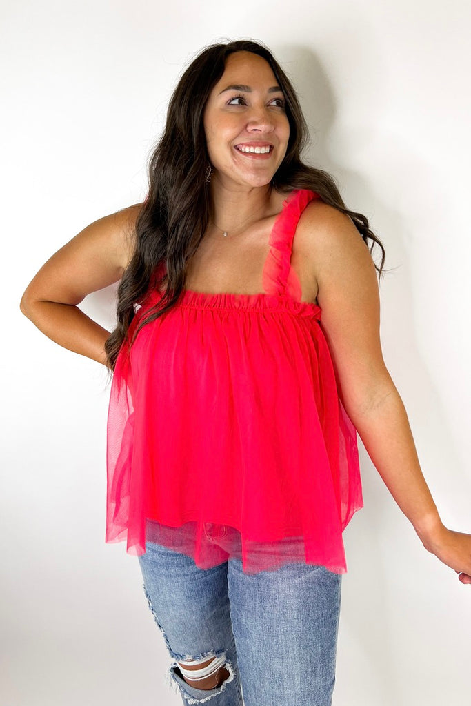 Tell it All Tulle Tank- Bright Rose