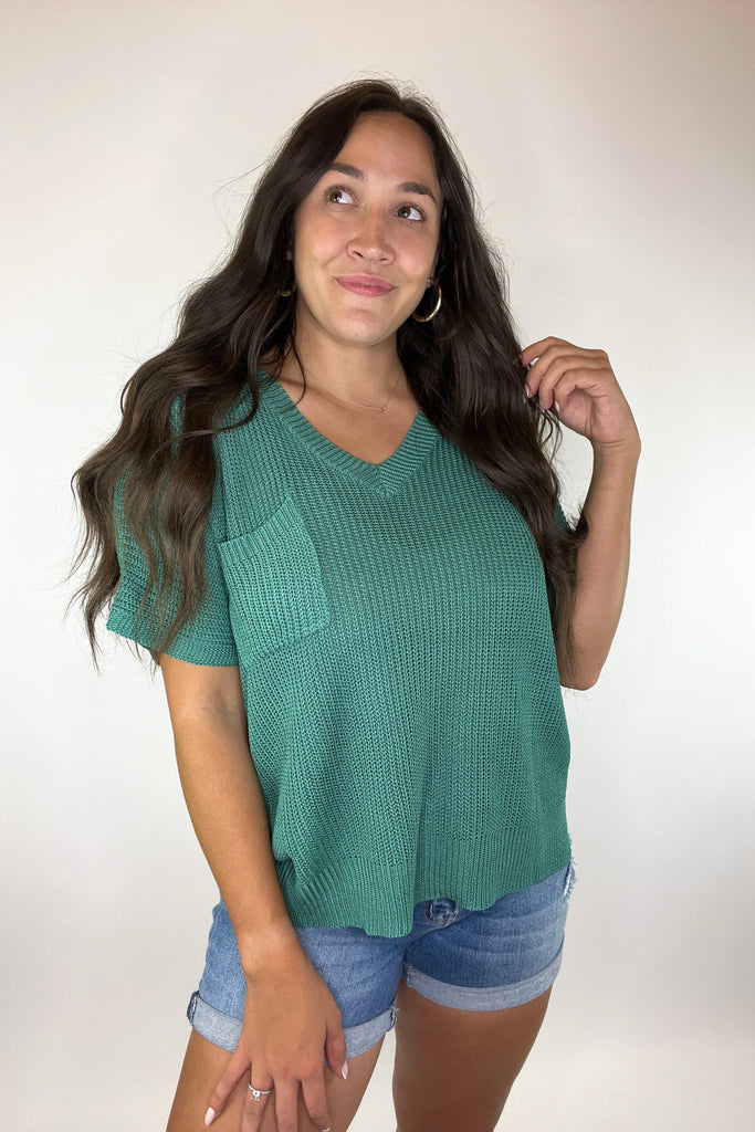 Cozy Nights V-Neck Sweater Top- Emerald