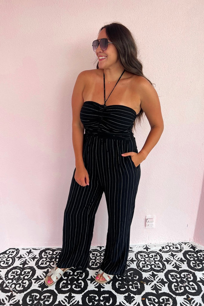 Steppin Out Tonight Striped Jumpsuit- Black