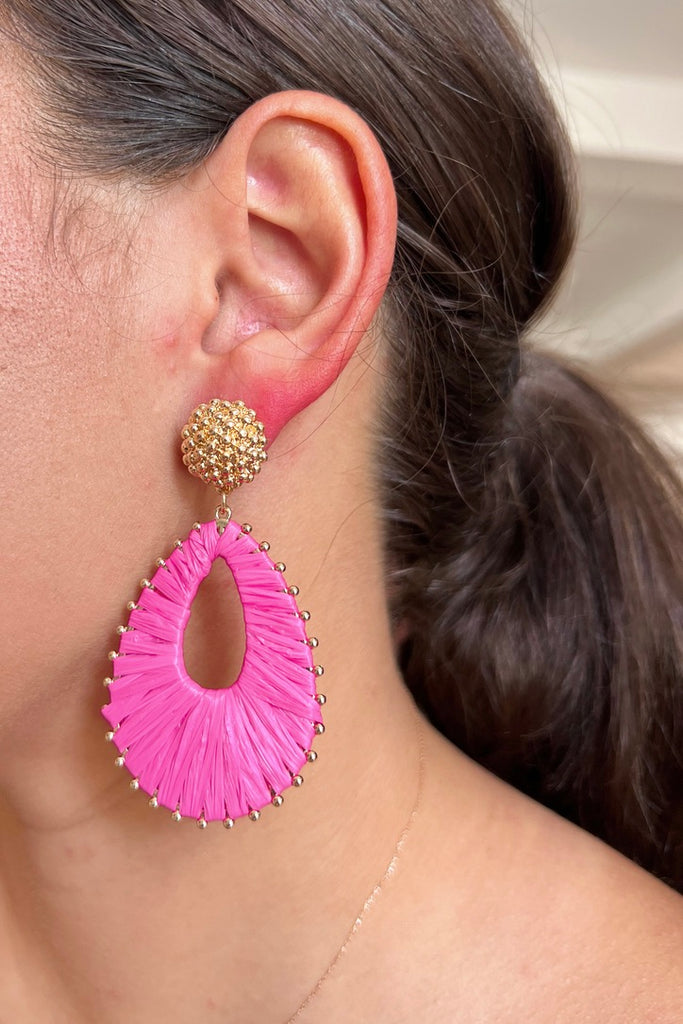 Raffia Gold Tear Drop Earrings- Pink