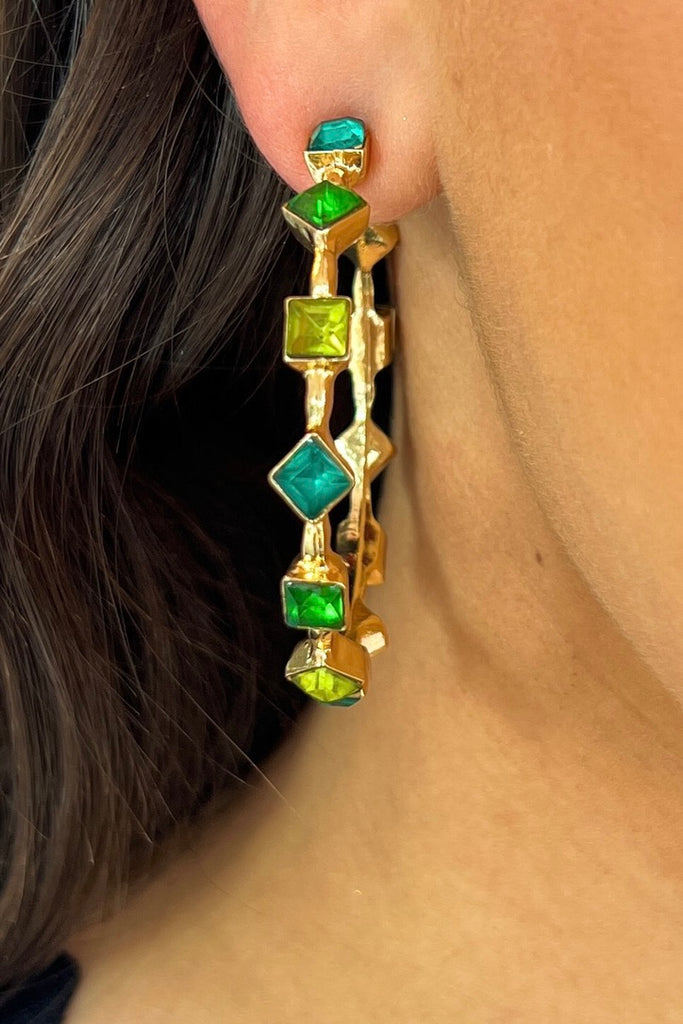 Chunky Gem Hoop Earrings- Emerald