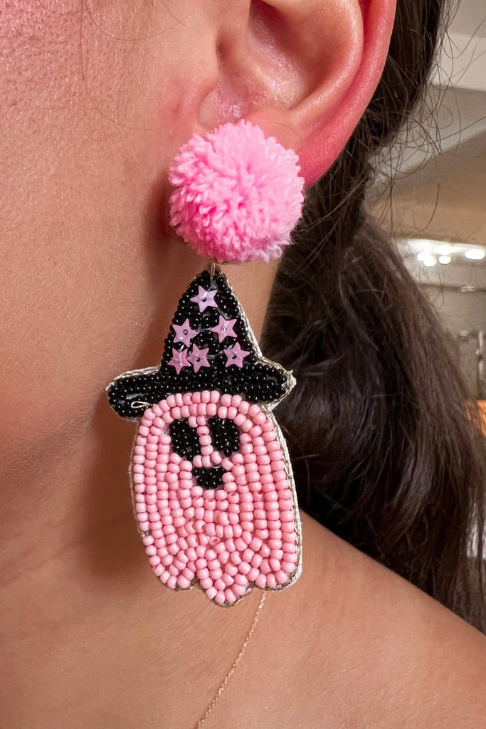 Pink Ghost/Pompom Earrings