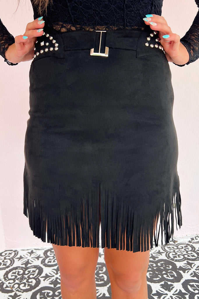 Monte Suede Fringe Skirt- Black
