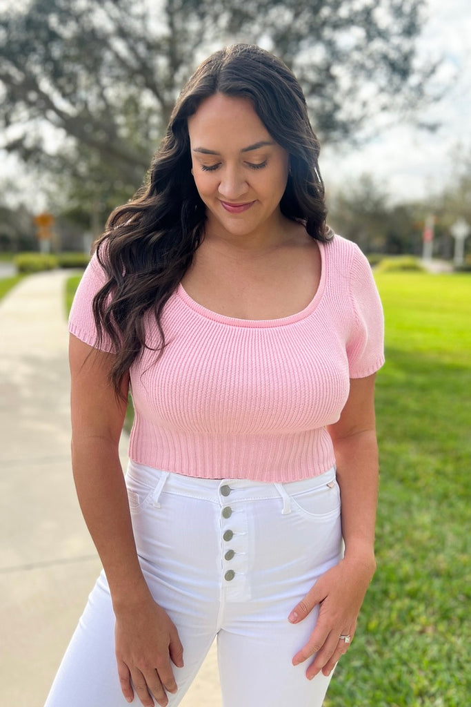 The Serenity Cropped Sweater Top- Pink