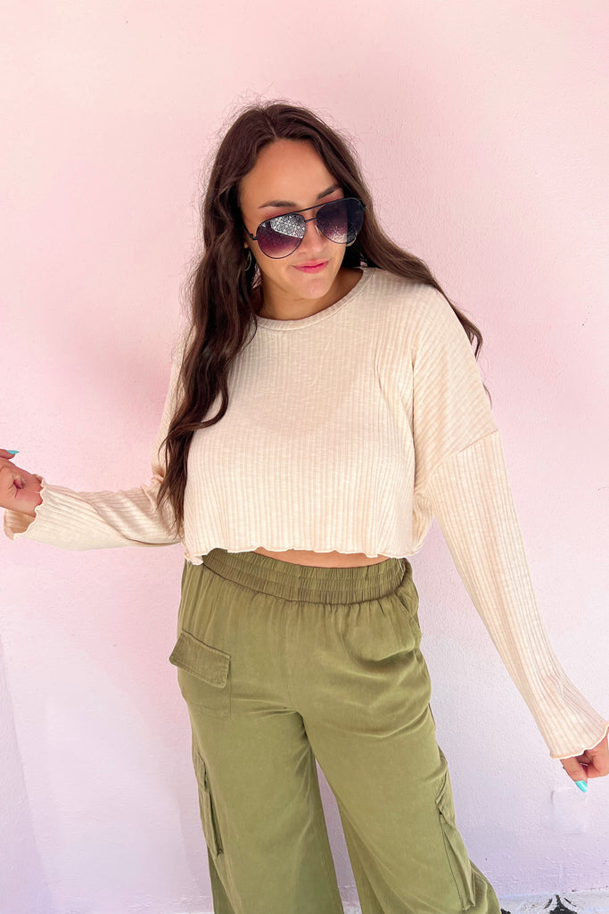 Sunday Vibes Long Sleeve Crop Top- Ivory
