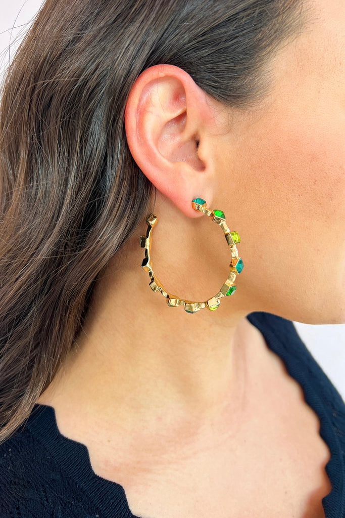 Chunky Gem Hoop Earrings- Emerald
