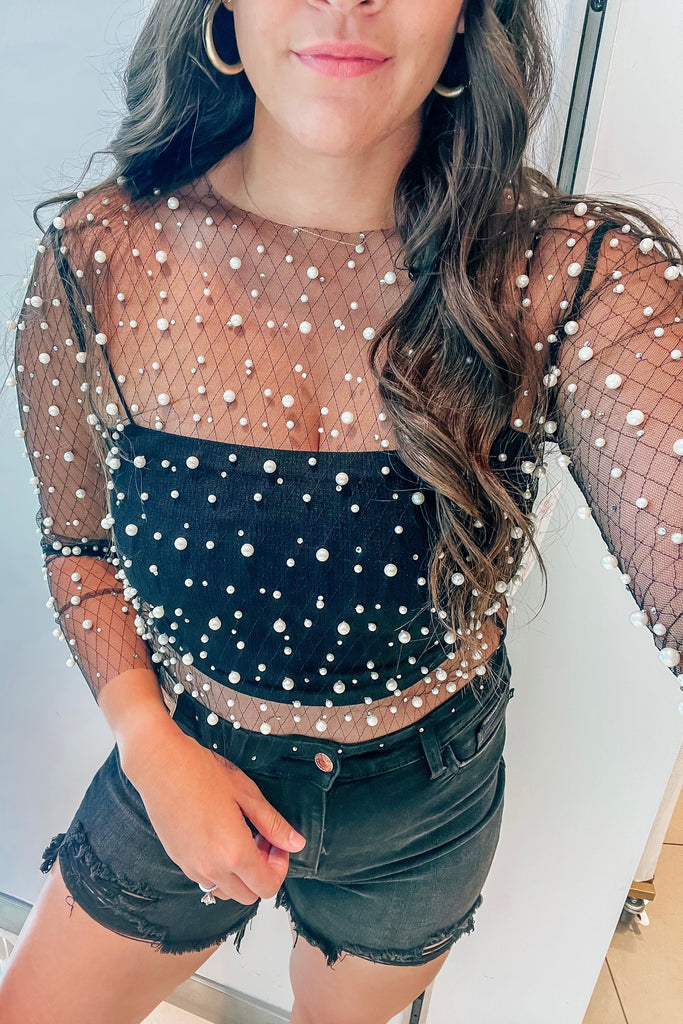 Get My Attention Sheer Pearl Top- Black